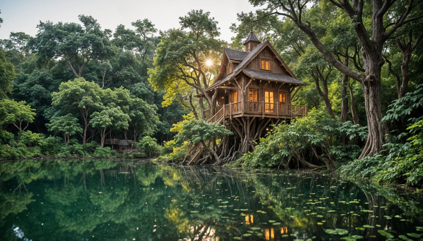Whimsical Treehouse Oasis with Ancient Tree and Lush Greener...