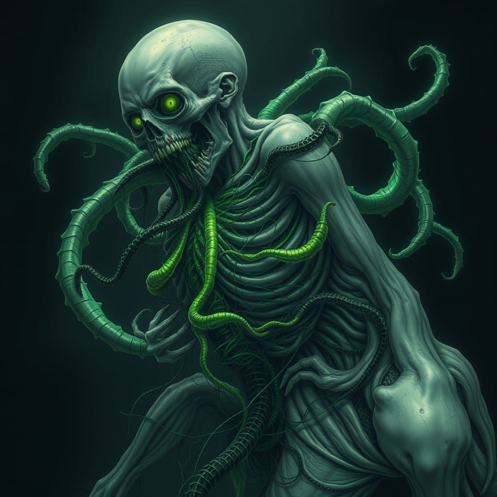 Dark Biomechanical Body Consumed by Glowing Green Venom