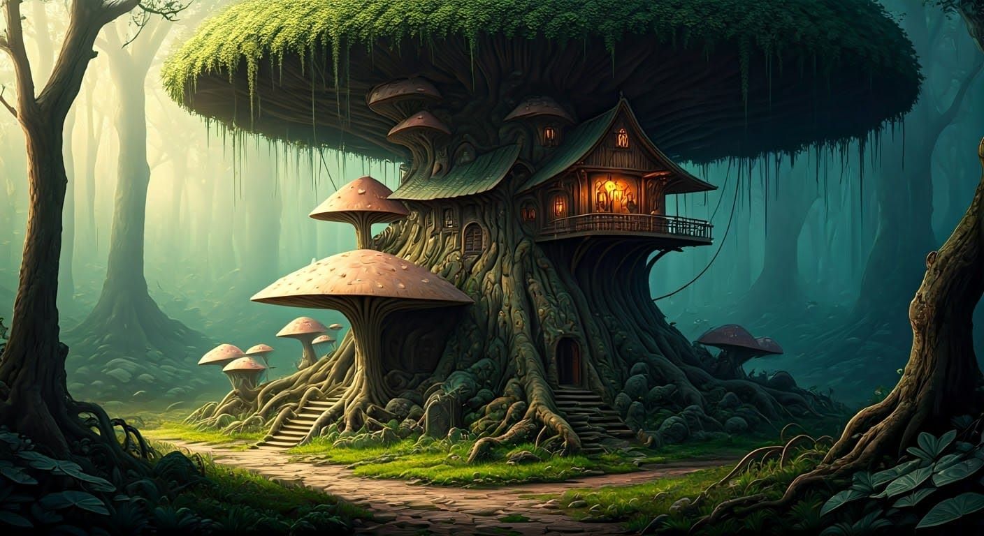 Ancient Biomorphic Treehouse and Mushroom Abode in Photoreal...
