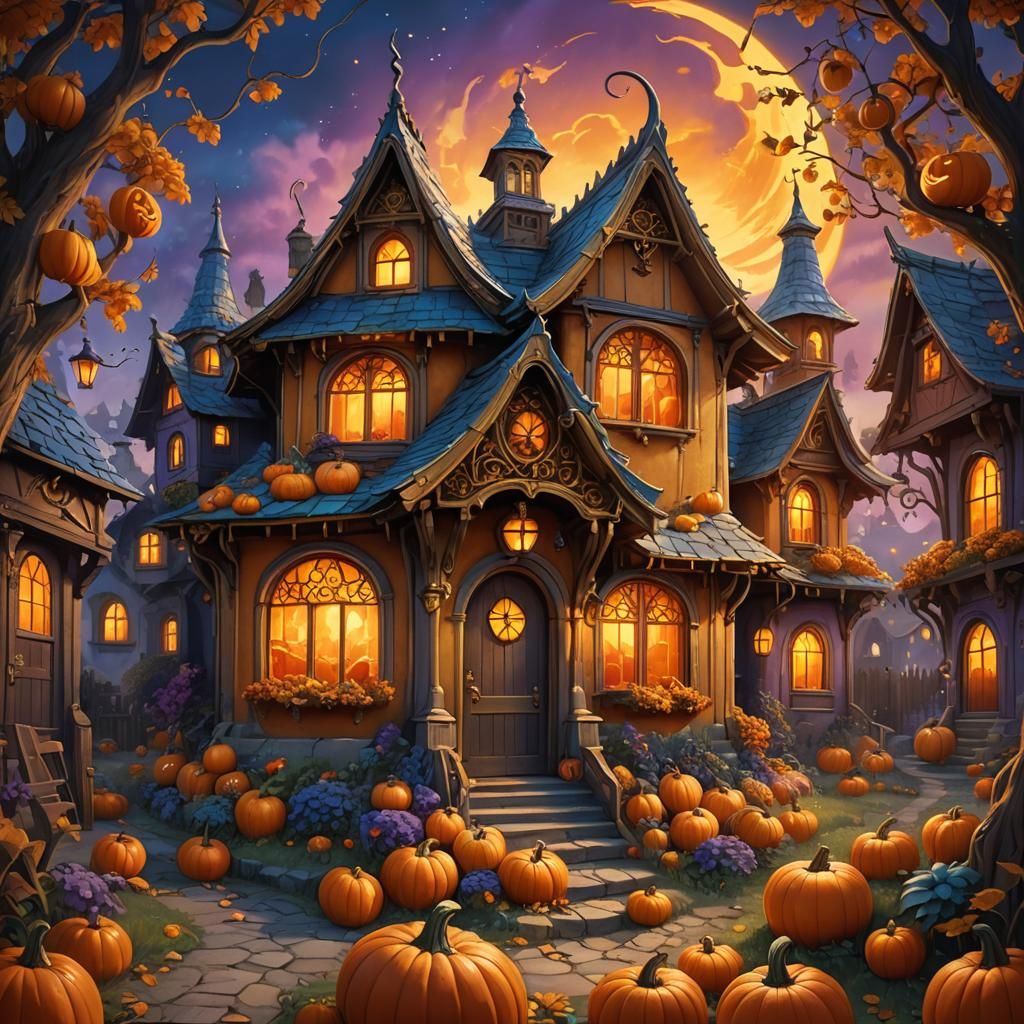 Glowing Pumpkin House in Whimsical Fantasy Art