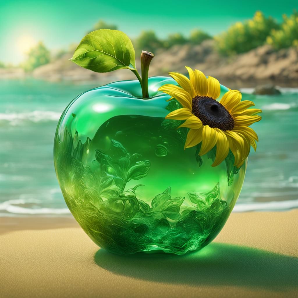 Hyperrealistic Green Glass Apple on Beach with Sunflowers