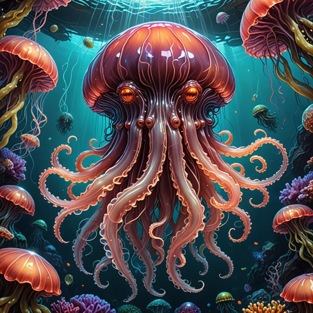 Cthulhu Jellyfish in Vibrant Coral Reef Art