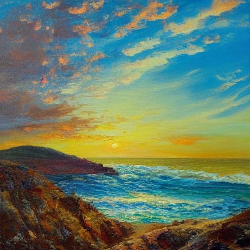 Impressionist Oil Painting of Dramatic Sunset Over Mediterra...