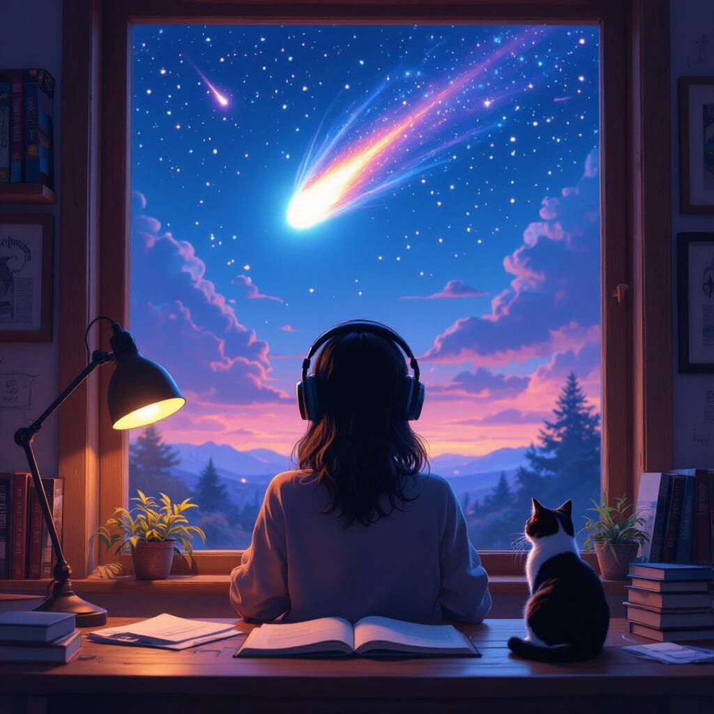 Lofi Girl Gazing at Comet in Stylized Fantasy Art