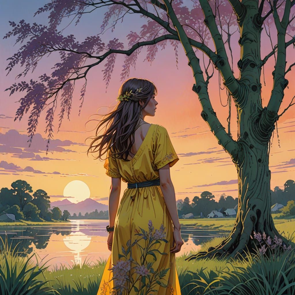 Woman in Glowing Yellow Sundress Embracing Weeping Willow