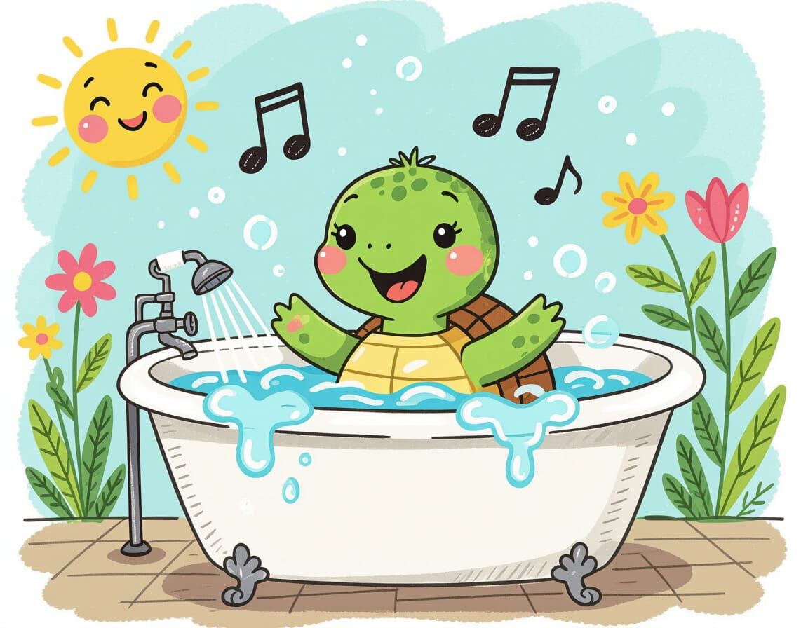 Cartoon Turtle Sings in Bubble Bath, Quentin Blake Style