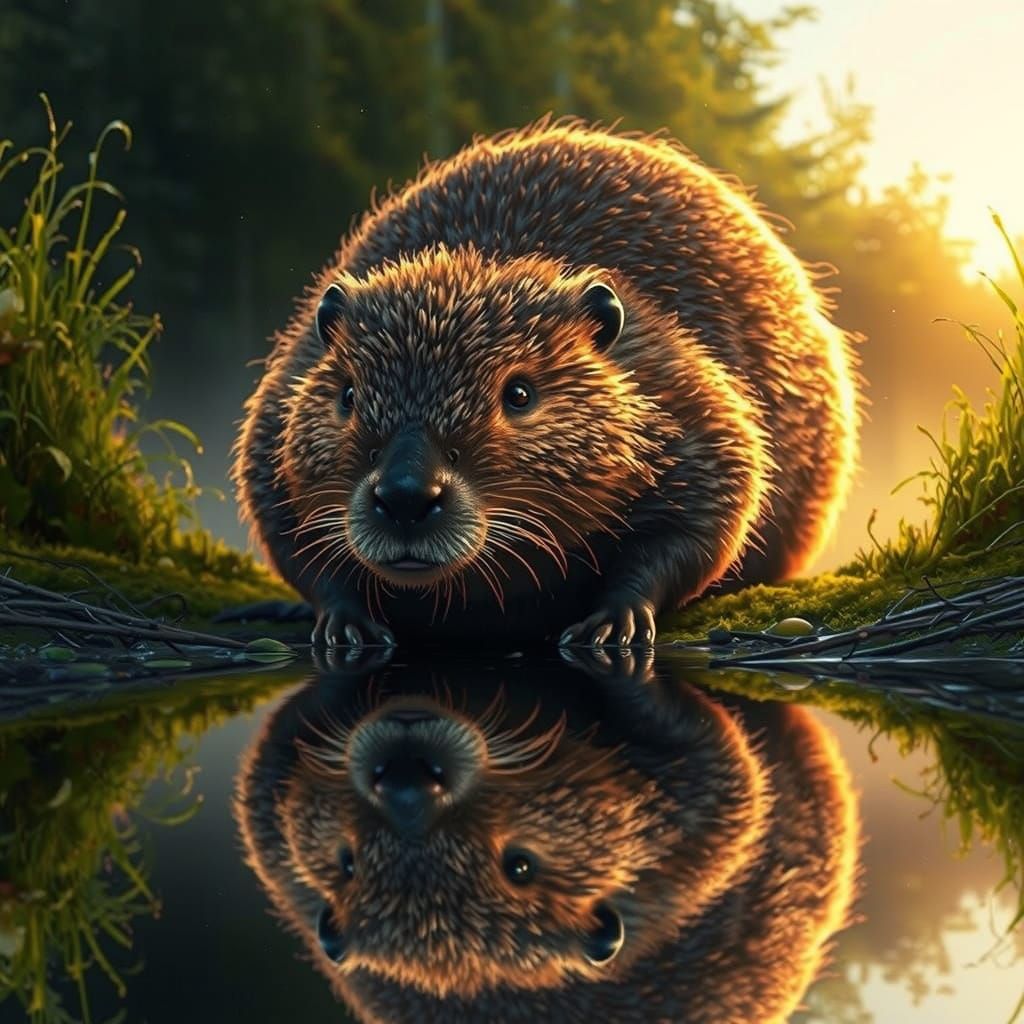 Hyperrealistic Beaver Contemplates Pristine Pond