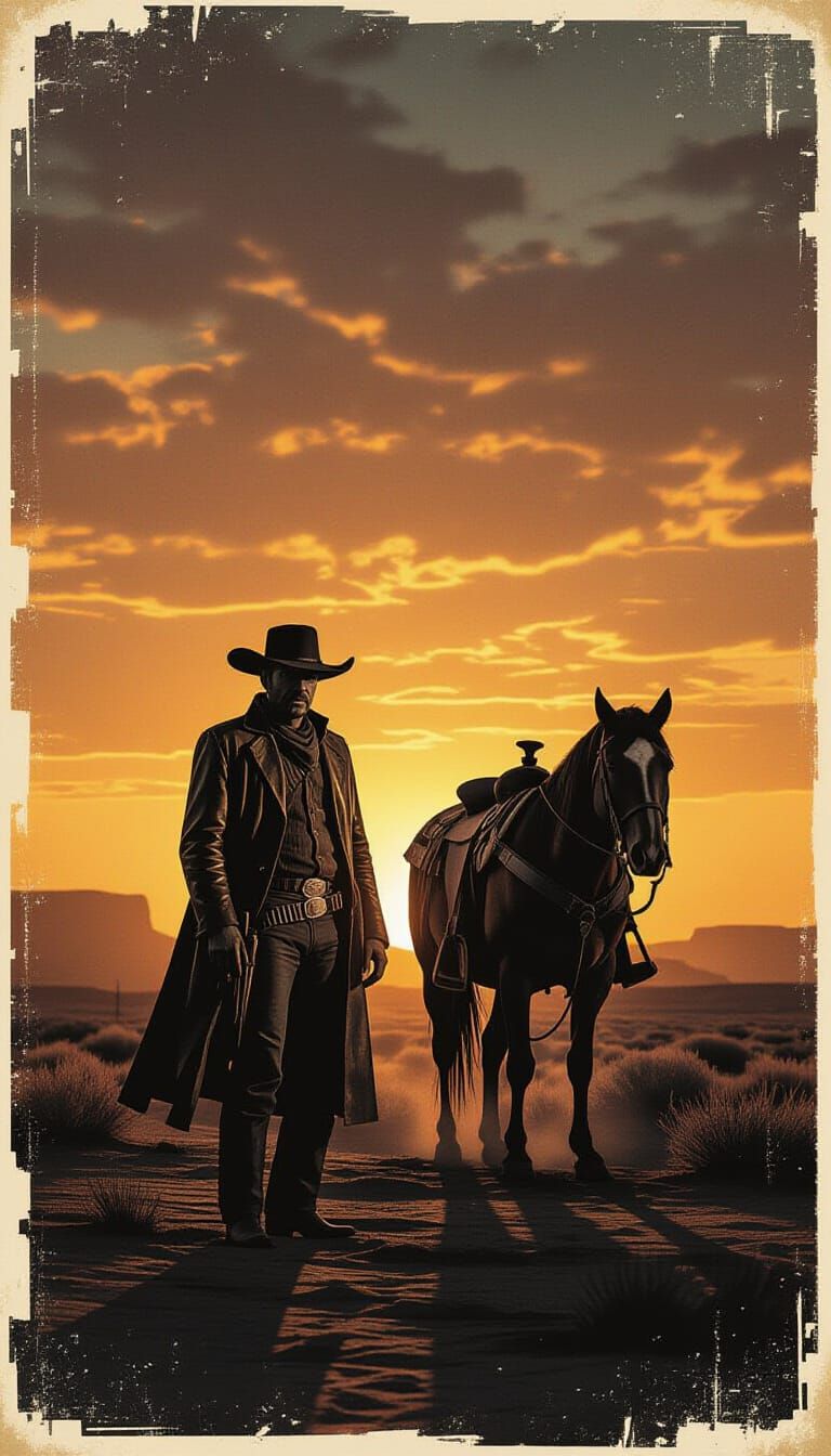Lone Cowboy Silhouette in Old West Sunset