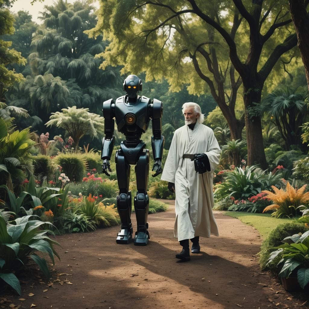 Elegant Man and Robot in Vintage Sci-Fi Oil Painting