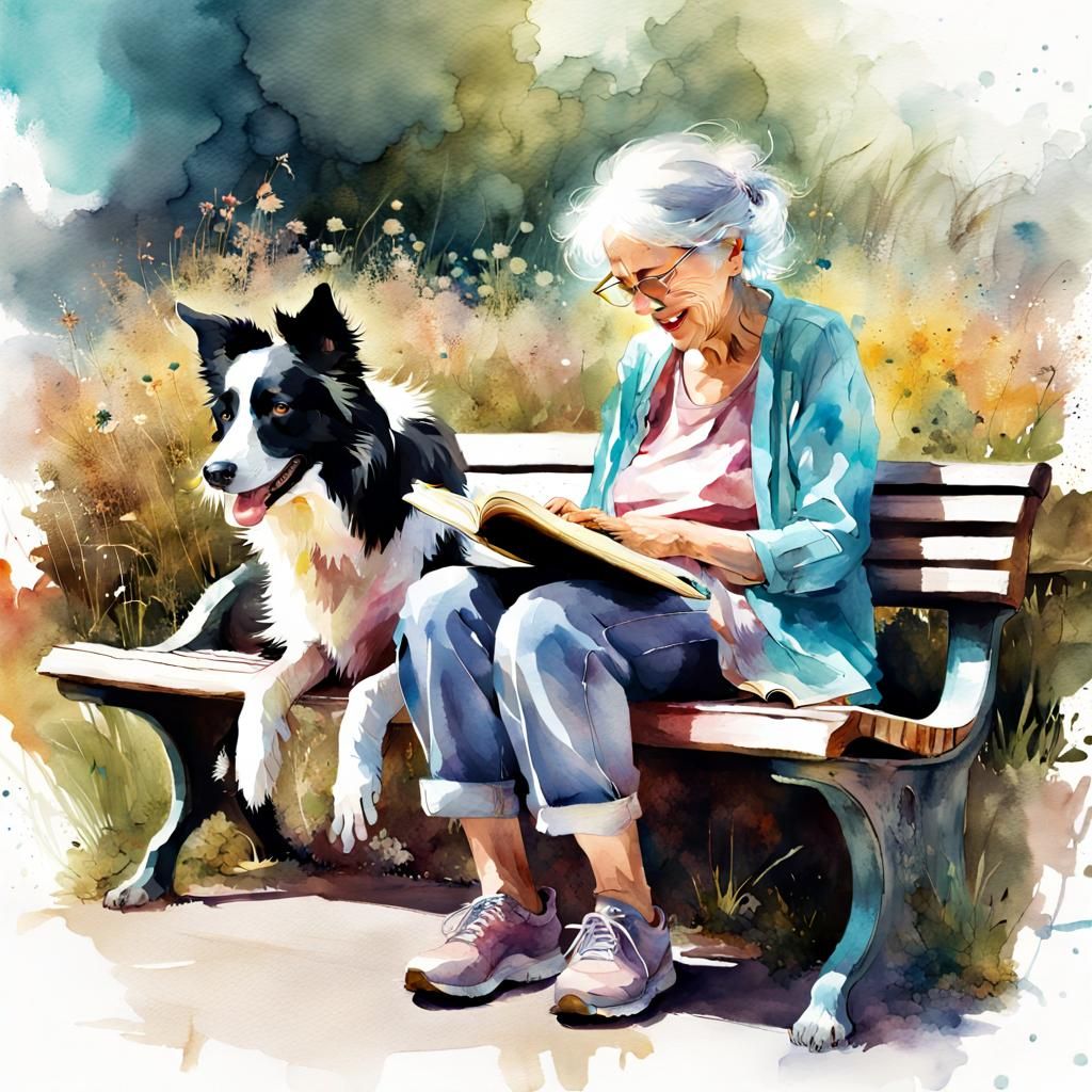 Peaceful Watercolor Scene of Woman Reading to Dog