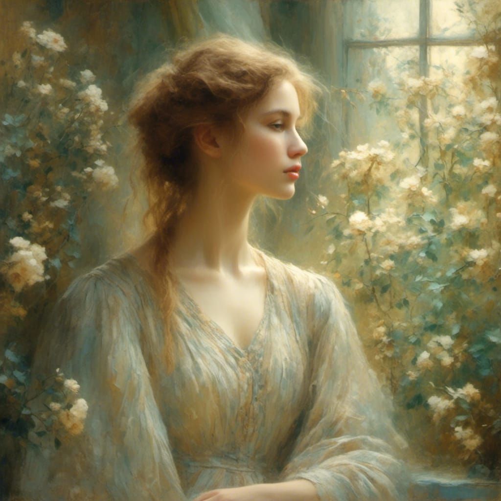 Ethereal Woman in Golden Light, Pre-Raphaelite Style