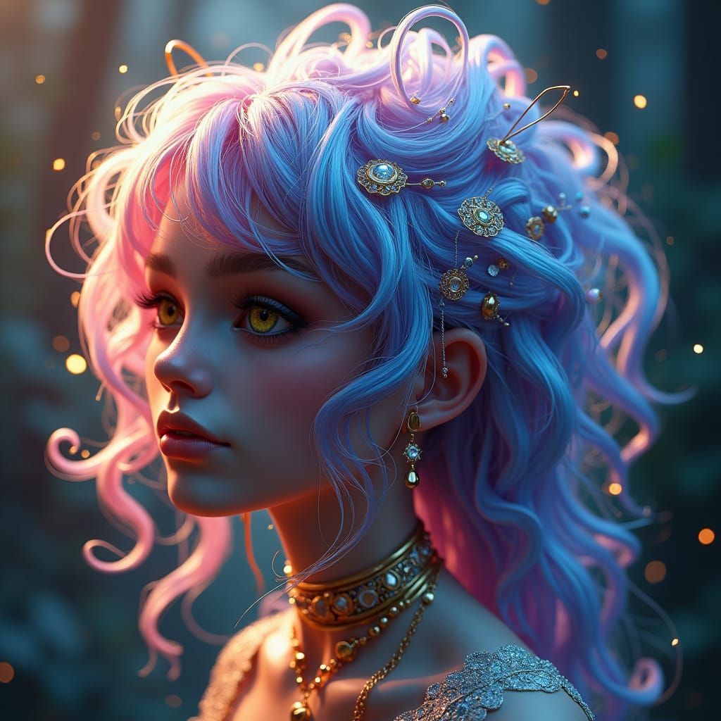 Iridescent Gemstone Wig in Fantasy Concept Art Style