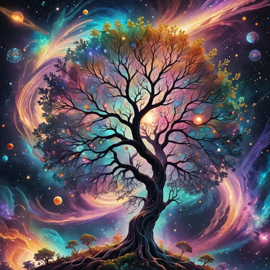 Iridescent Tree Amidst Swirling Stars in Astral Illustration