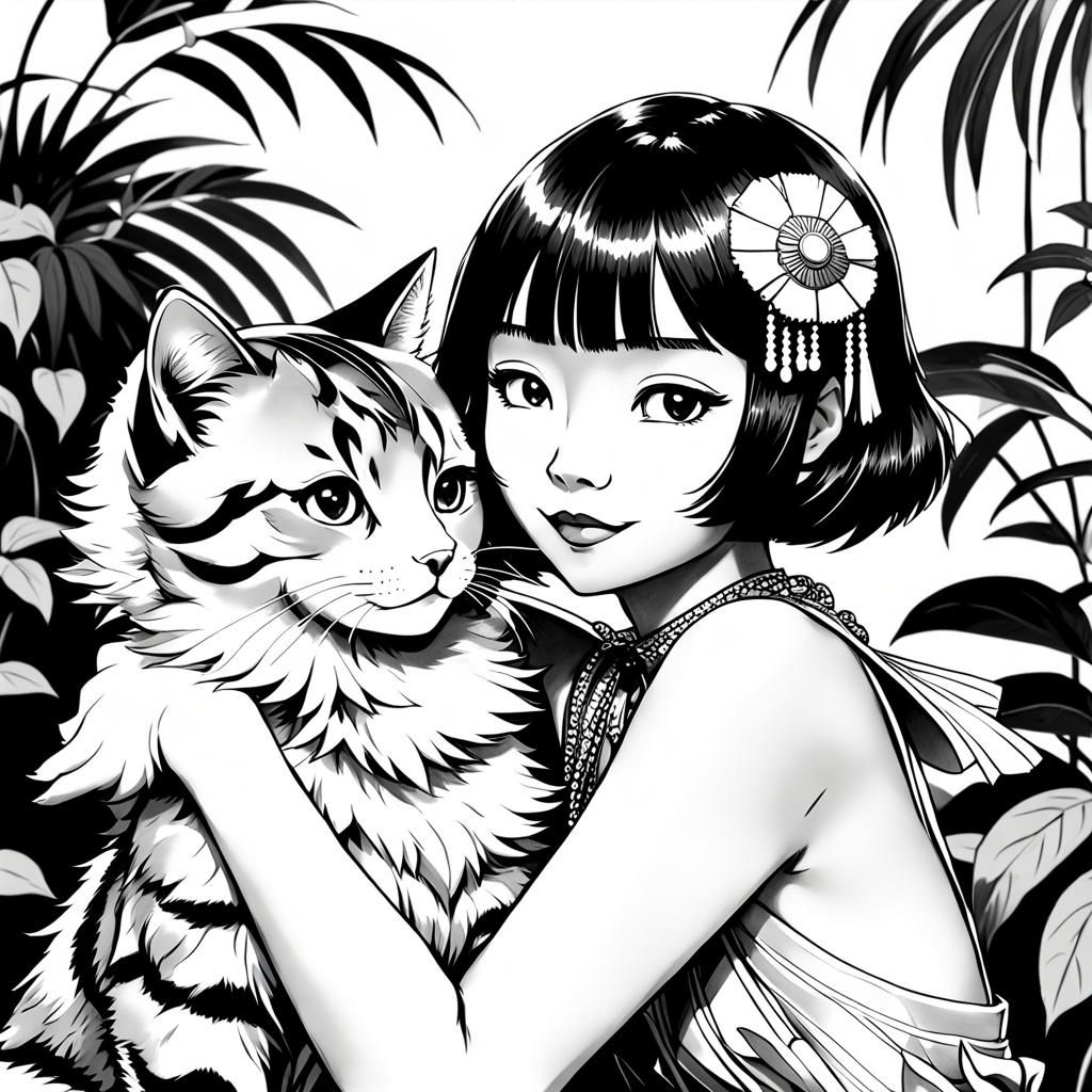 Anna May Wong Cuddles Gayer-Anderson Cat in Manga Style