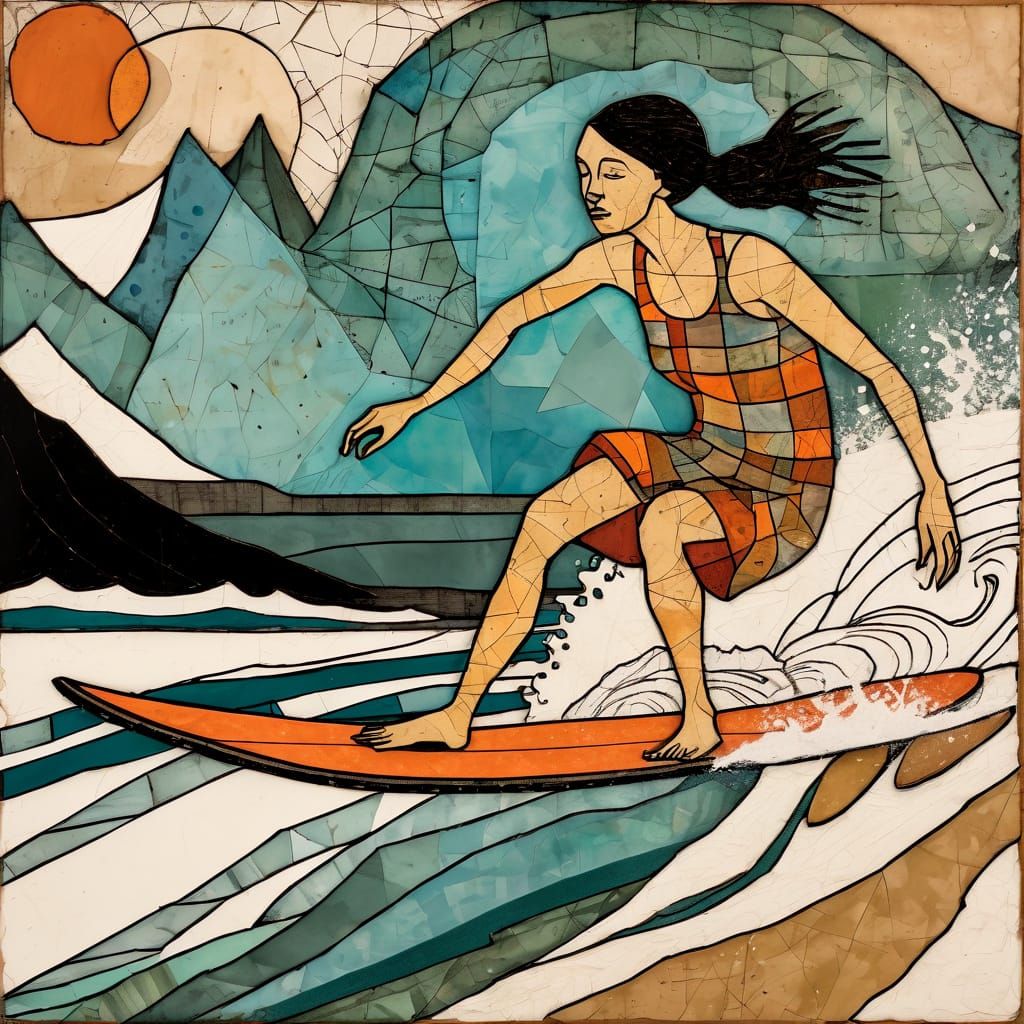 Girl Surfing in Mixed Media Collage Style