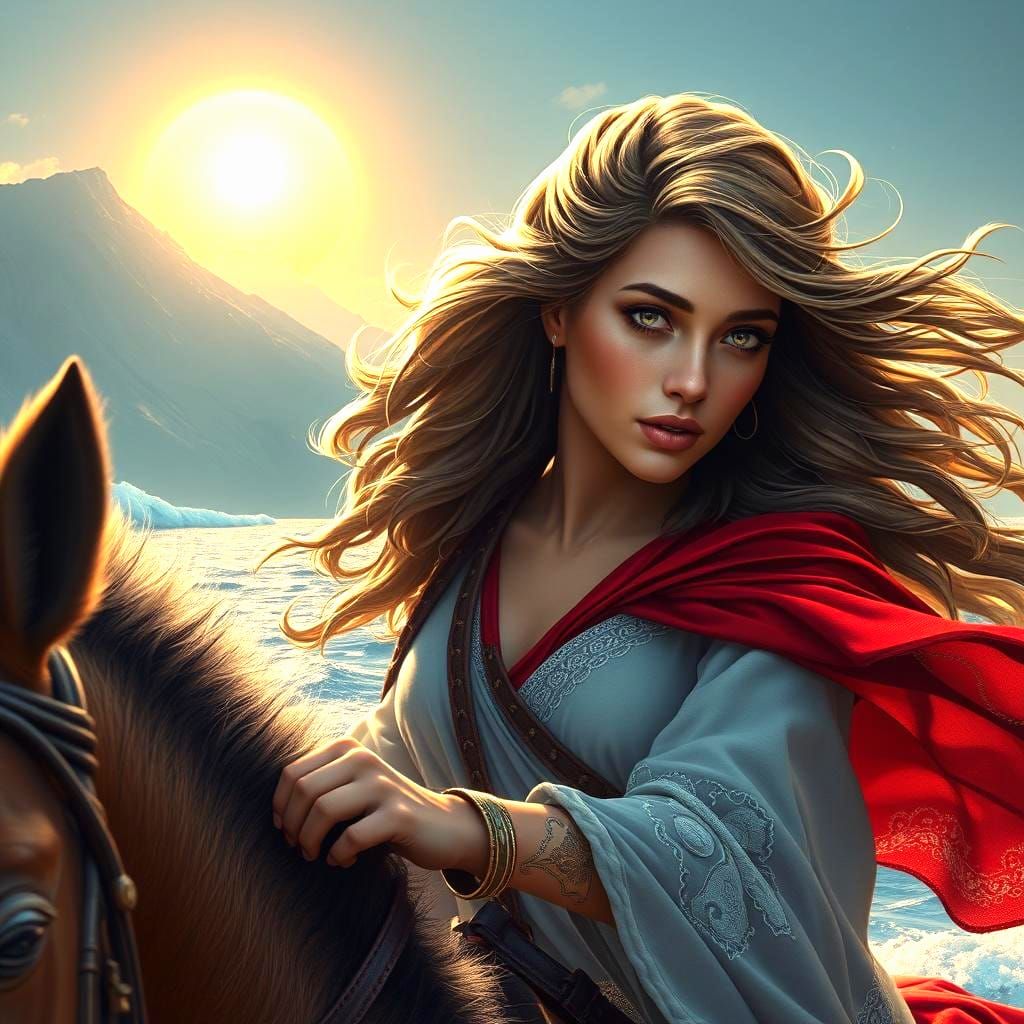 Greek Woman Horse Rider in Fantasy Ocean Setting