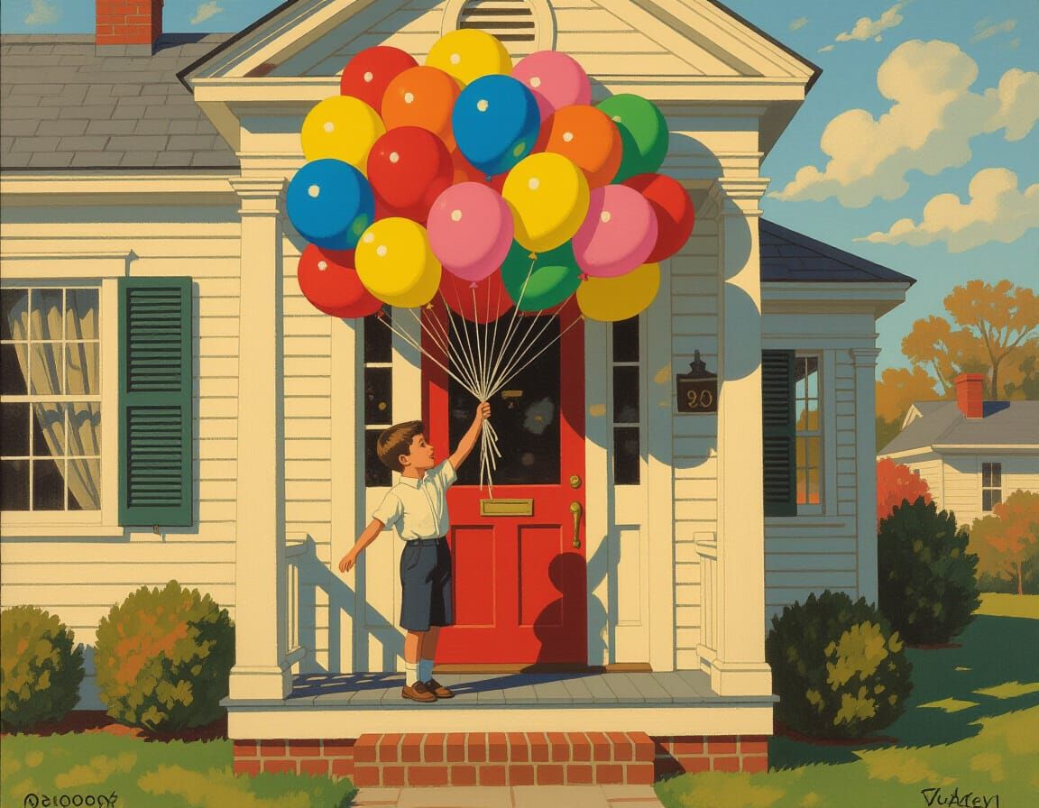 Boy with Balloons at Girlfriend's Door, Fine Art