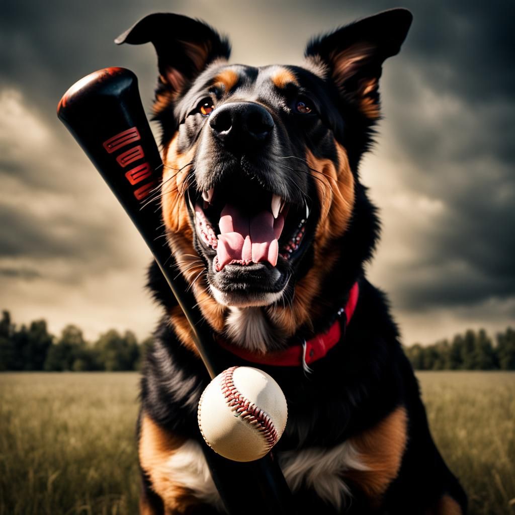 Hyperrealistic Dog with Baseball Bat in Mouth