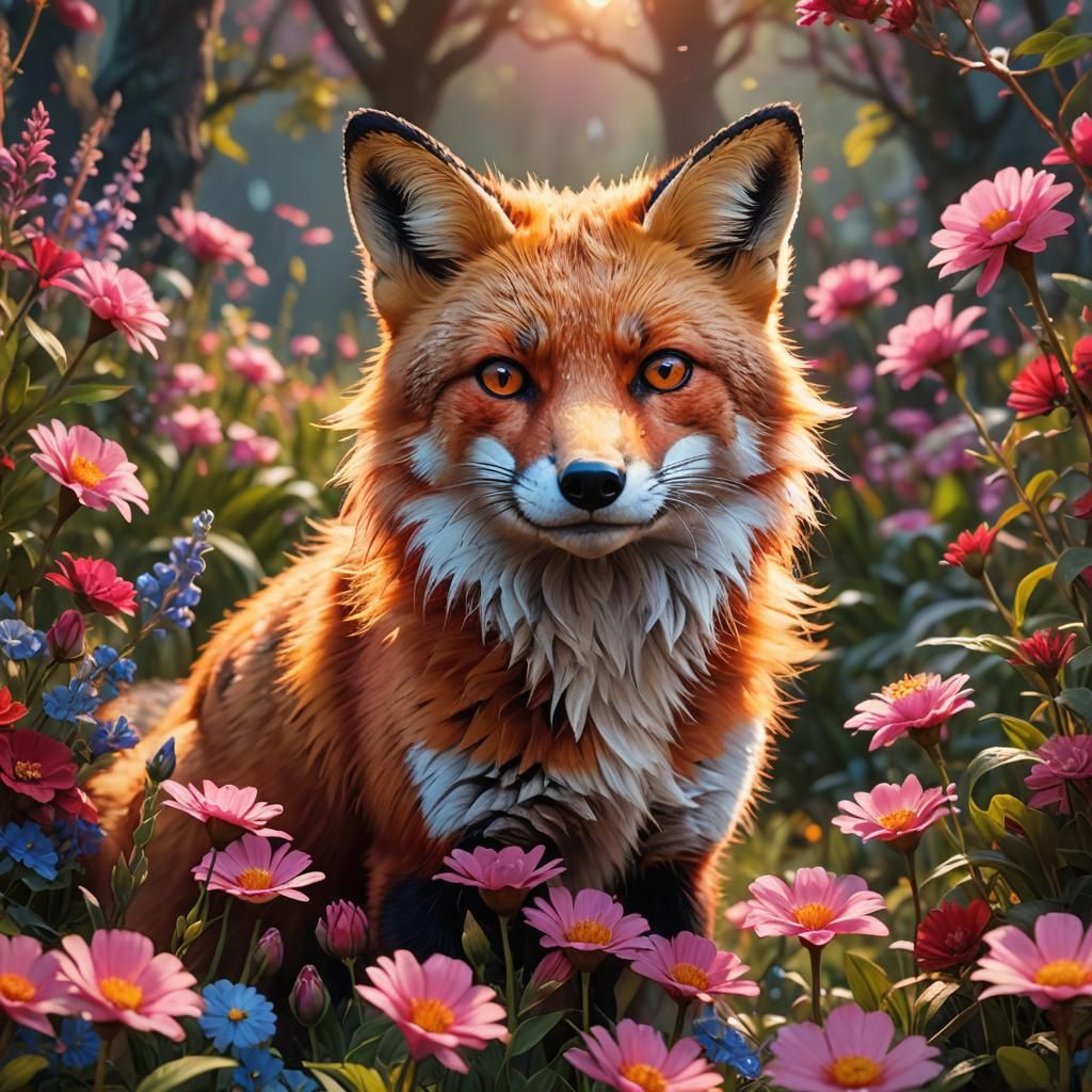 Vibrant Red Fox in Lush Floral Environment