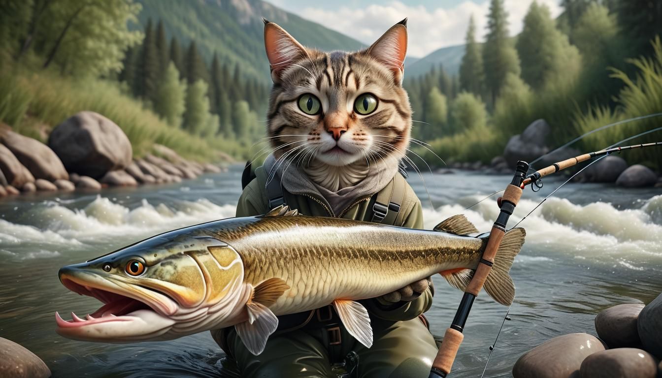 Cat in Boots Fishing: Ultra-Realistic River Scene