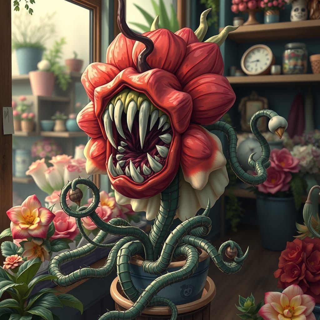 Giant Audrey II in Flower Shop, Whimsical Art