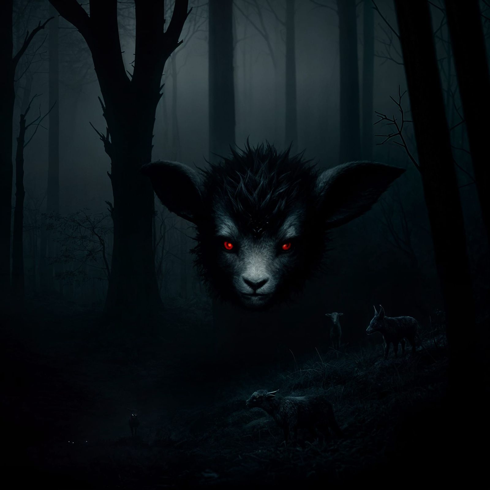 Evil Lamb in Dark Forest: Dark Fantasy Art