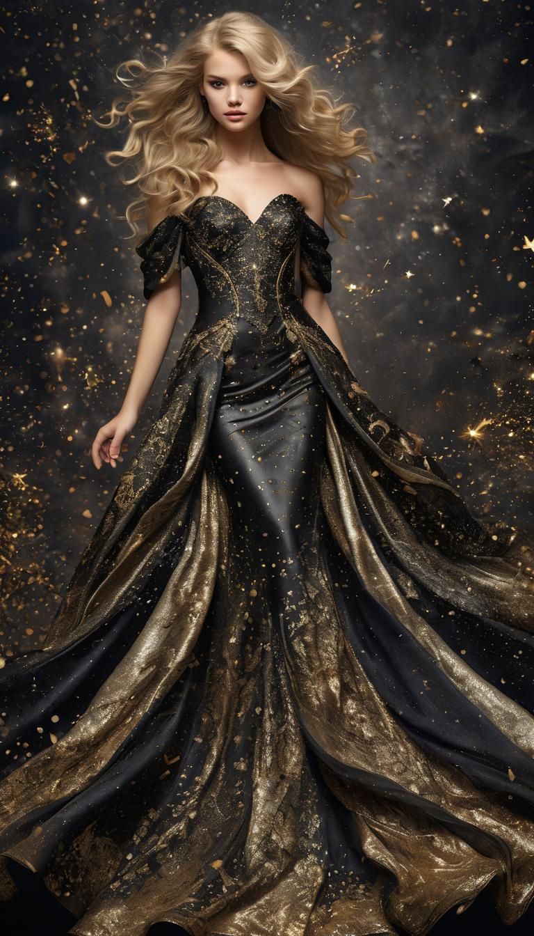 Ice Princess with Long Black Hair and Golden Dress