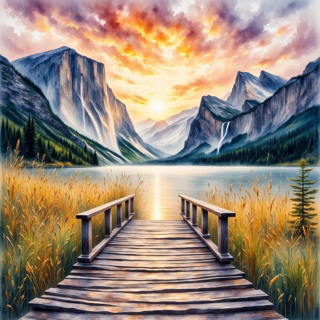 Serene Lake at Sunset: Expressive Watercolor Painting