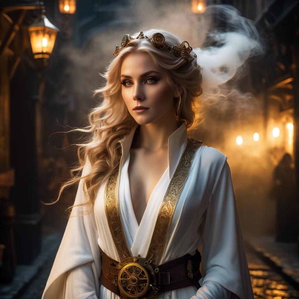 Elegant Steampunk Half-Elf Wizard in a Whimsical Alleyway Sc...