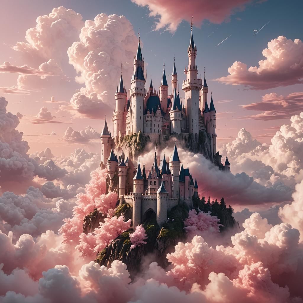 Ethereal Castle in Pink Sky: Digital Matte Painting