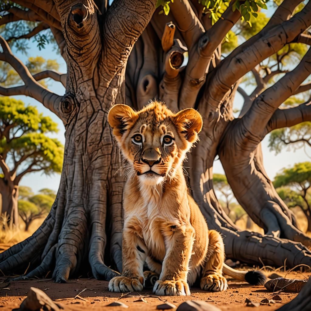 Lion Cub Under Baobab Tree: Cartoon Style