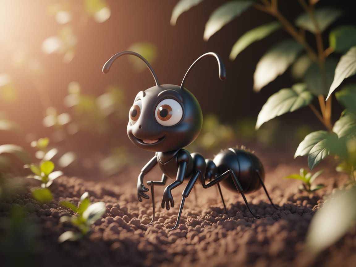 Adorable Cartoon Ant in Whimsical 3D Scene