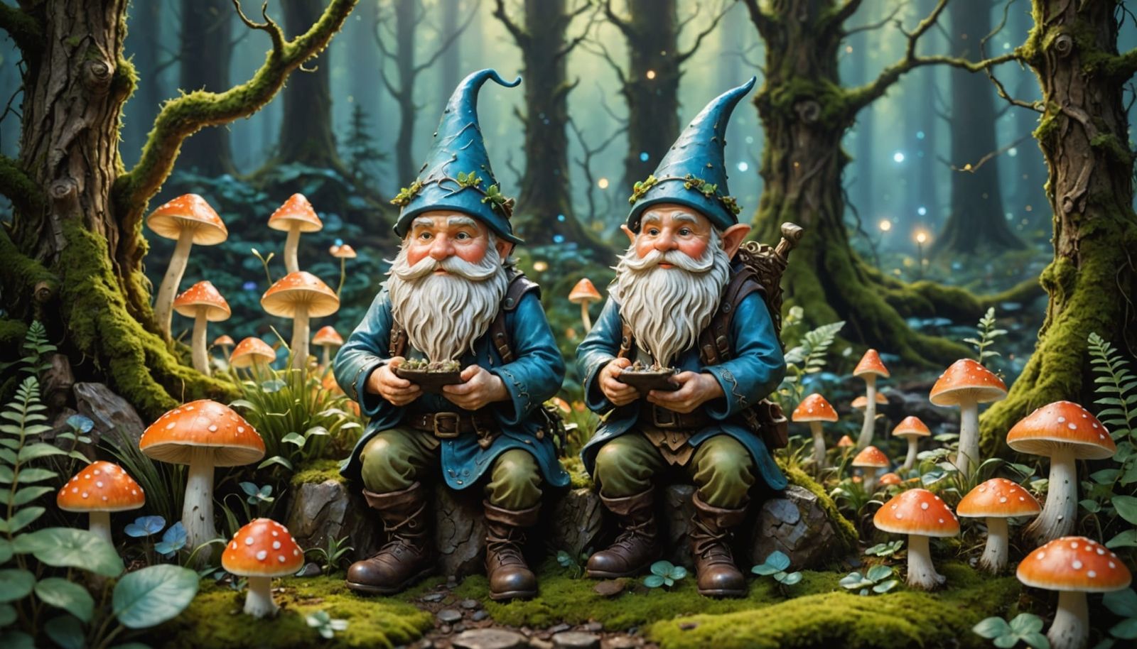 Whimsical Gnome Tending Bioluminescent Garden in Forest Clea...