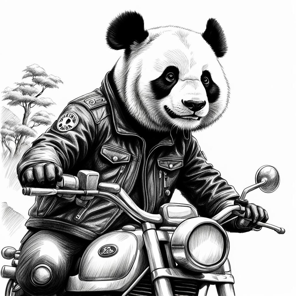 Pencil Sketch Panda Riding Motorcycle, Close-up