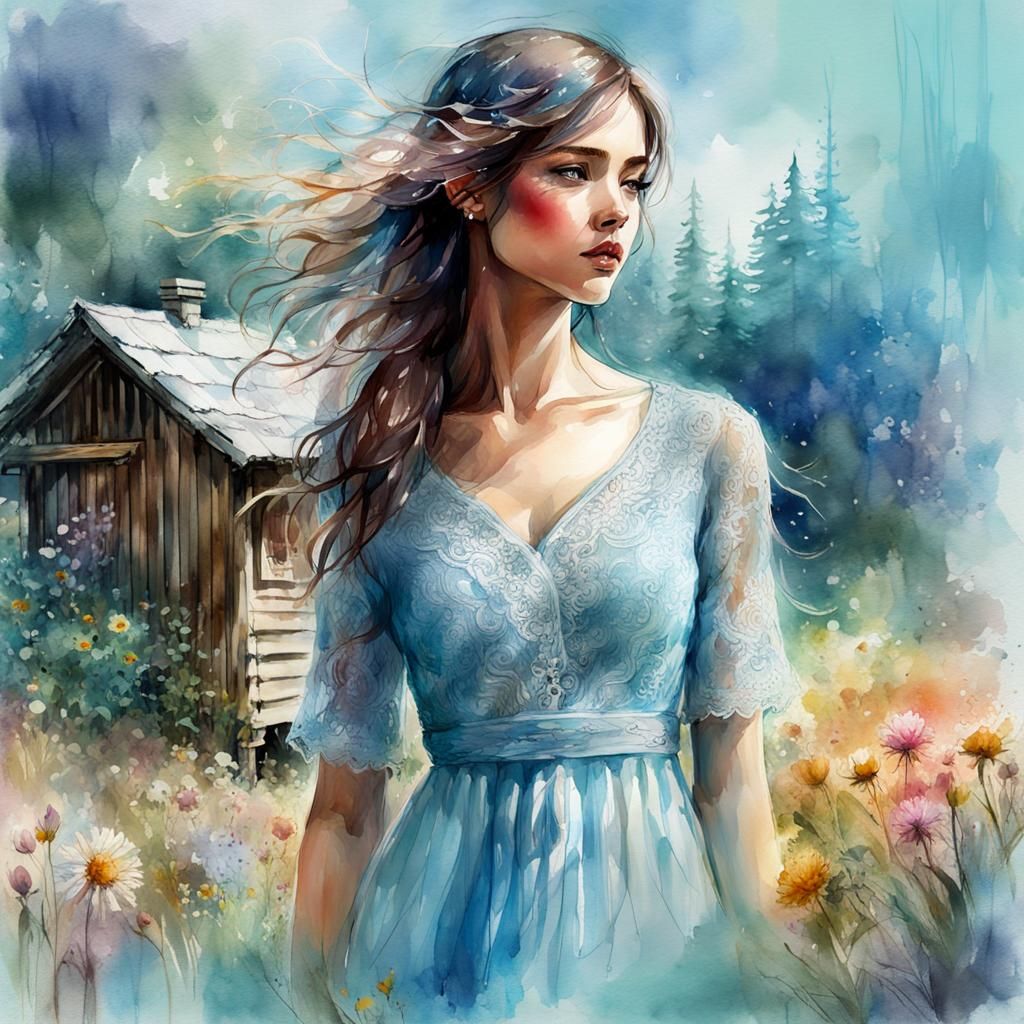 Portrait Beautiful Woman, In a Light blue lace summer dress