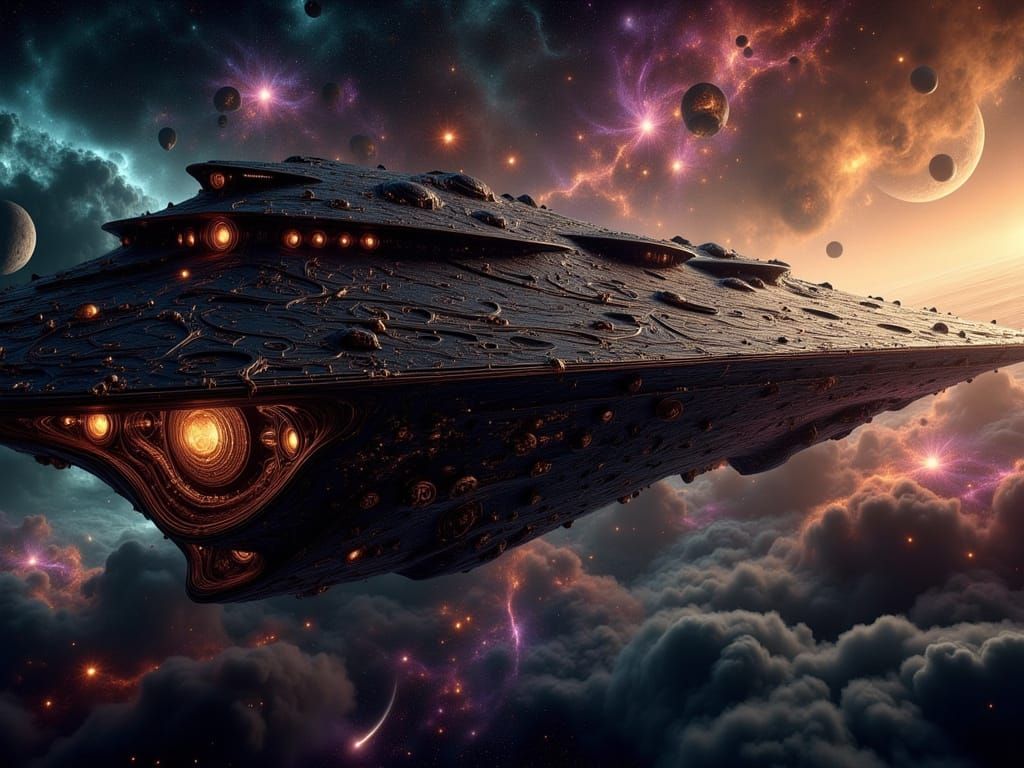 Black and Bronze Exploratory Megastructure Spaceship in Gala...