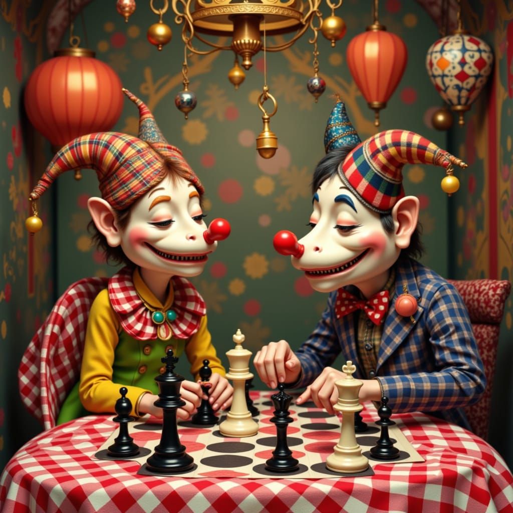 Whimsical Jesters Play Chess in Gingham World