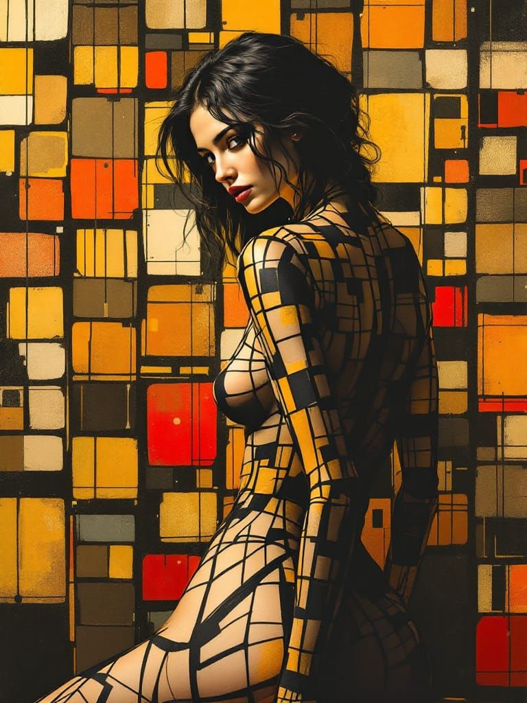 Woman Merges with Geometric Wall Art in Chiaroscuro Style