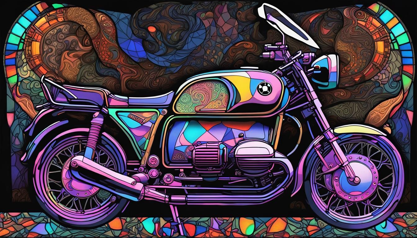 BMW R90S Motorcycle in Stained Glass Art Nouveau Style
