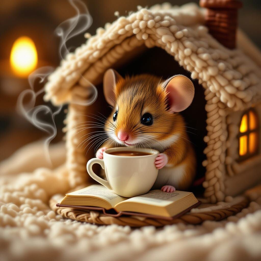 Adorable Mouse Enjoys Cocoa in Cozy Miniature Home