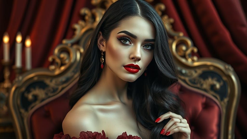 Elegant Woman in Opulent Portrait Setting with Crimson Accen...