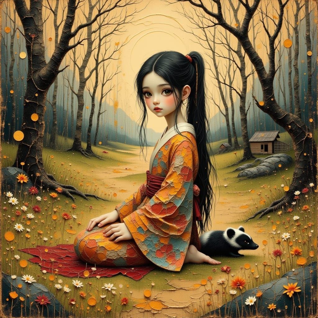 Japanese Girl Meditating with Skunk in Forest