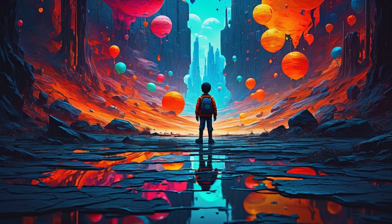 Surreal Oil Painting: Child in Patchwork World