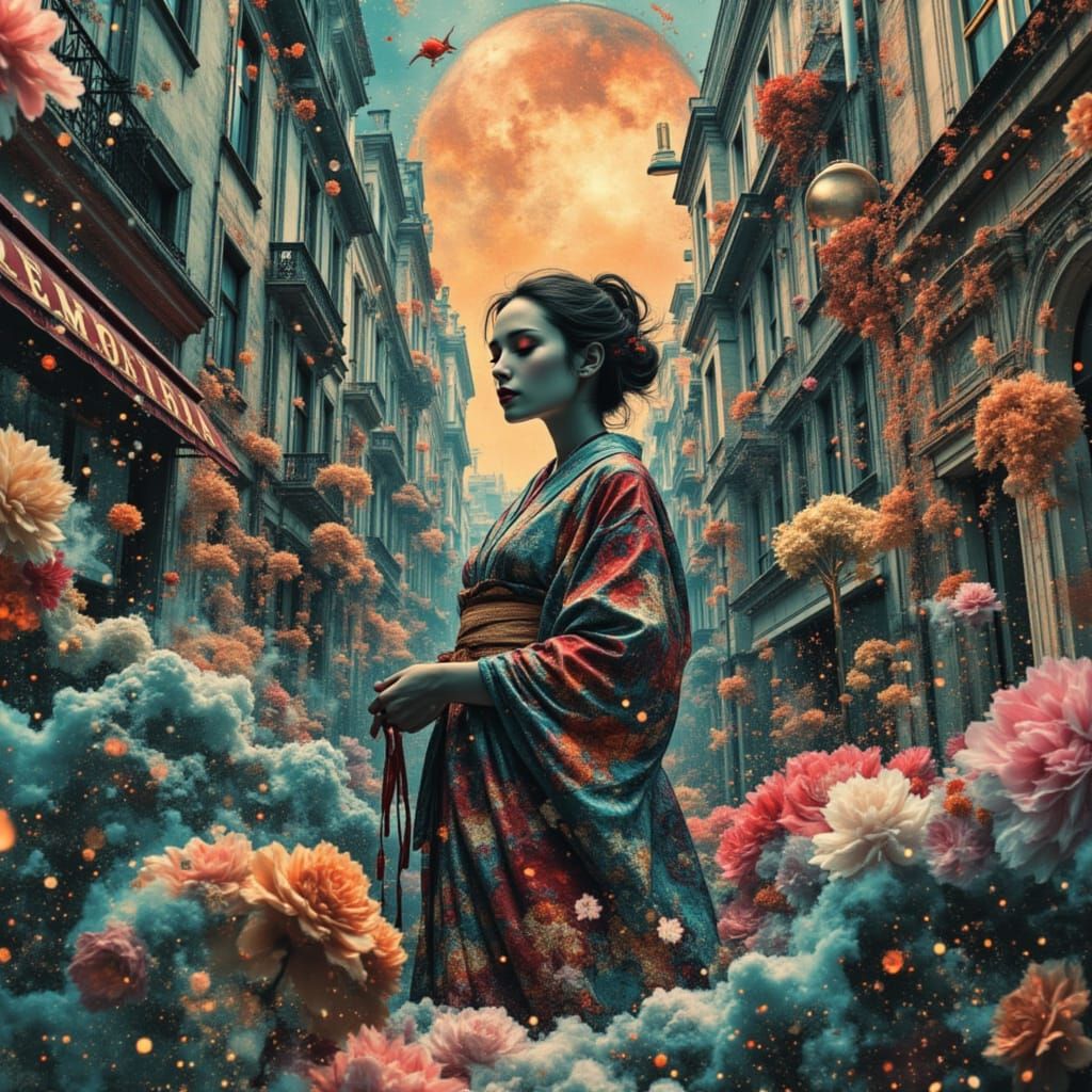 Geisha in Melting Cityscape, Magical Realism Style