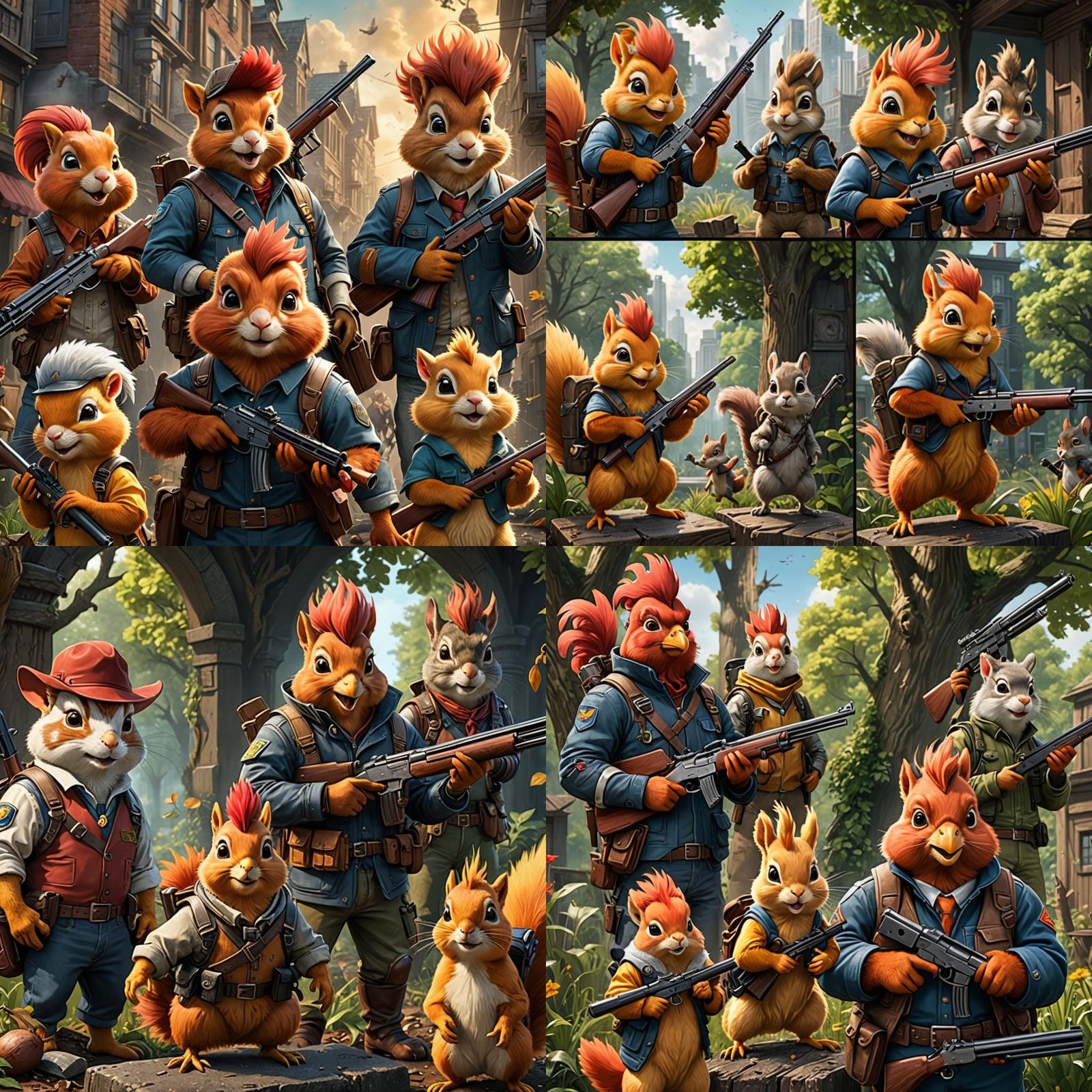 Comic Panel Art: Chicken, Squirrel, and Shotgun