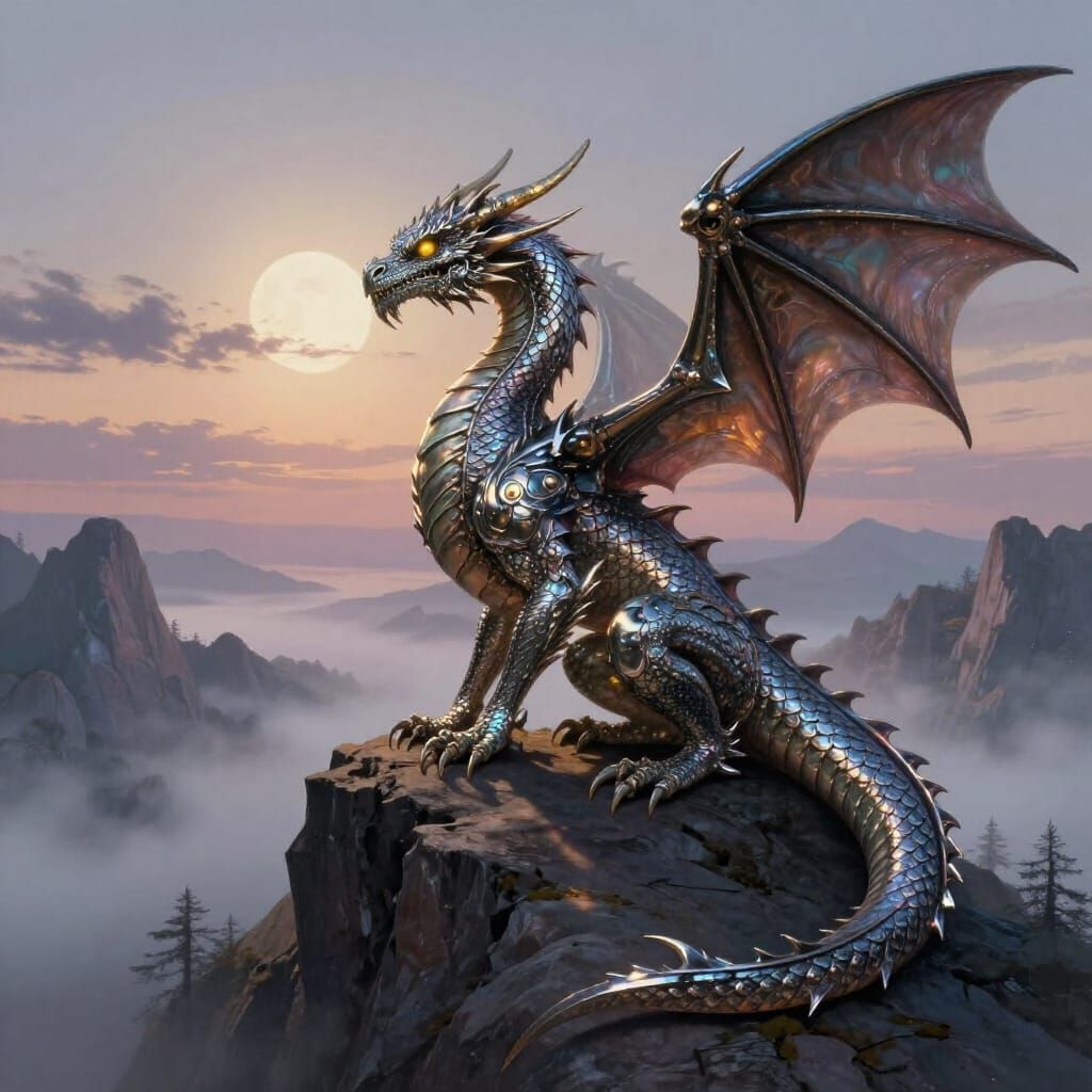 Majestic Chromium Dragon Over Misty Valley