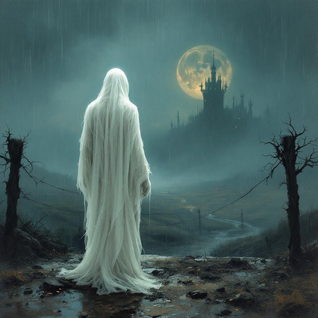 Ghostly Figure in Rainy Landscape, Soft Impressionism