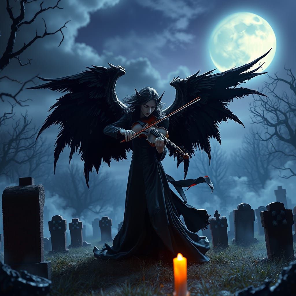 Vampire Violinist in Gothic Cemetery Under Full Moon