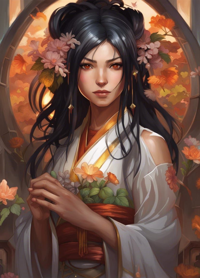 Japanese Shinto Priestess Portrait in Medieval Fantasy Style