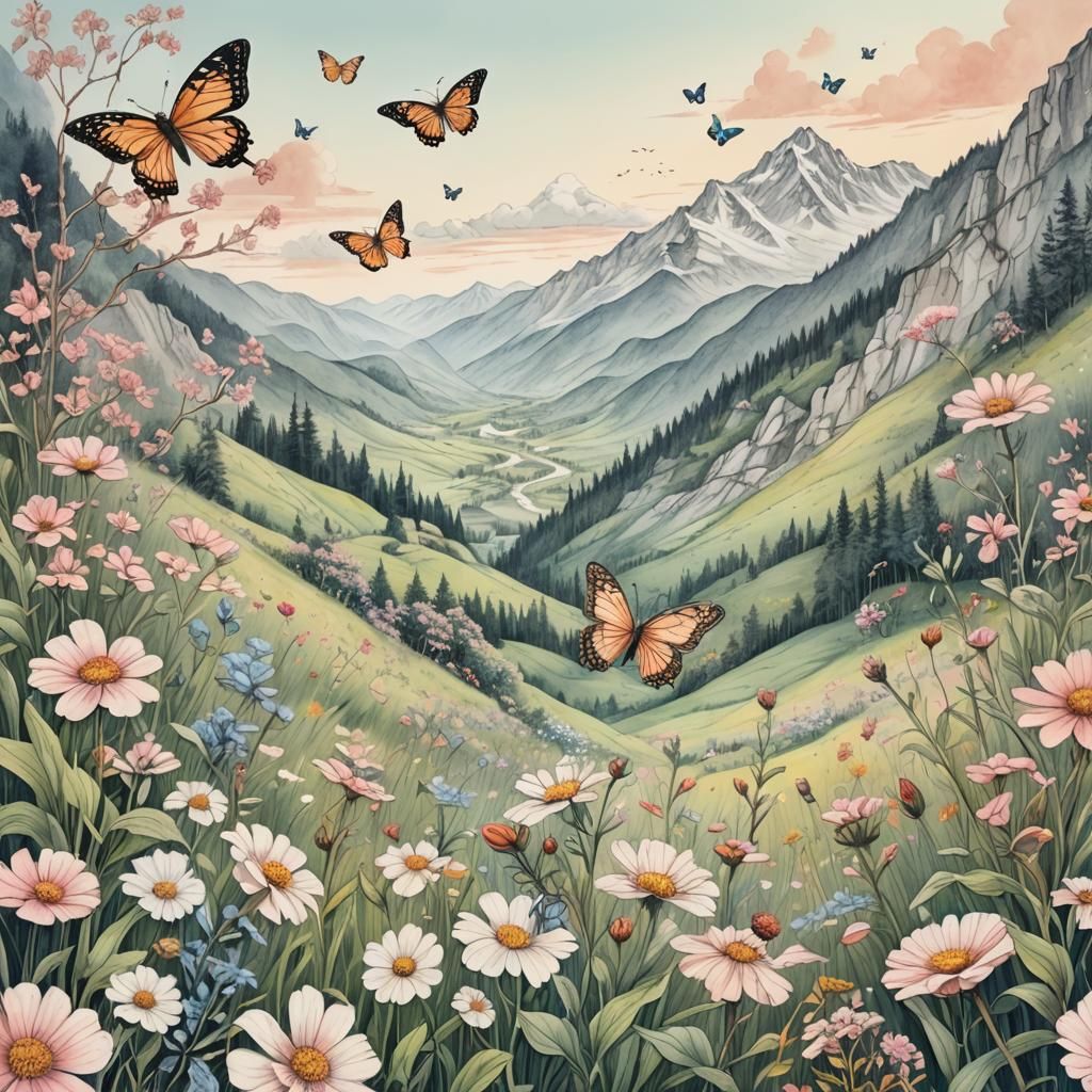 Mountain Landscape in Whimsical Pencil Sketch Style